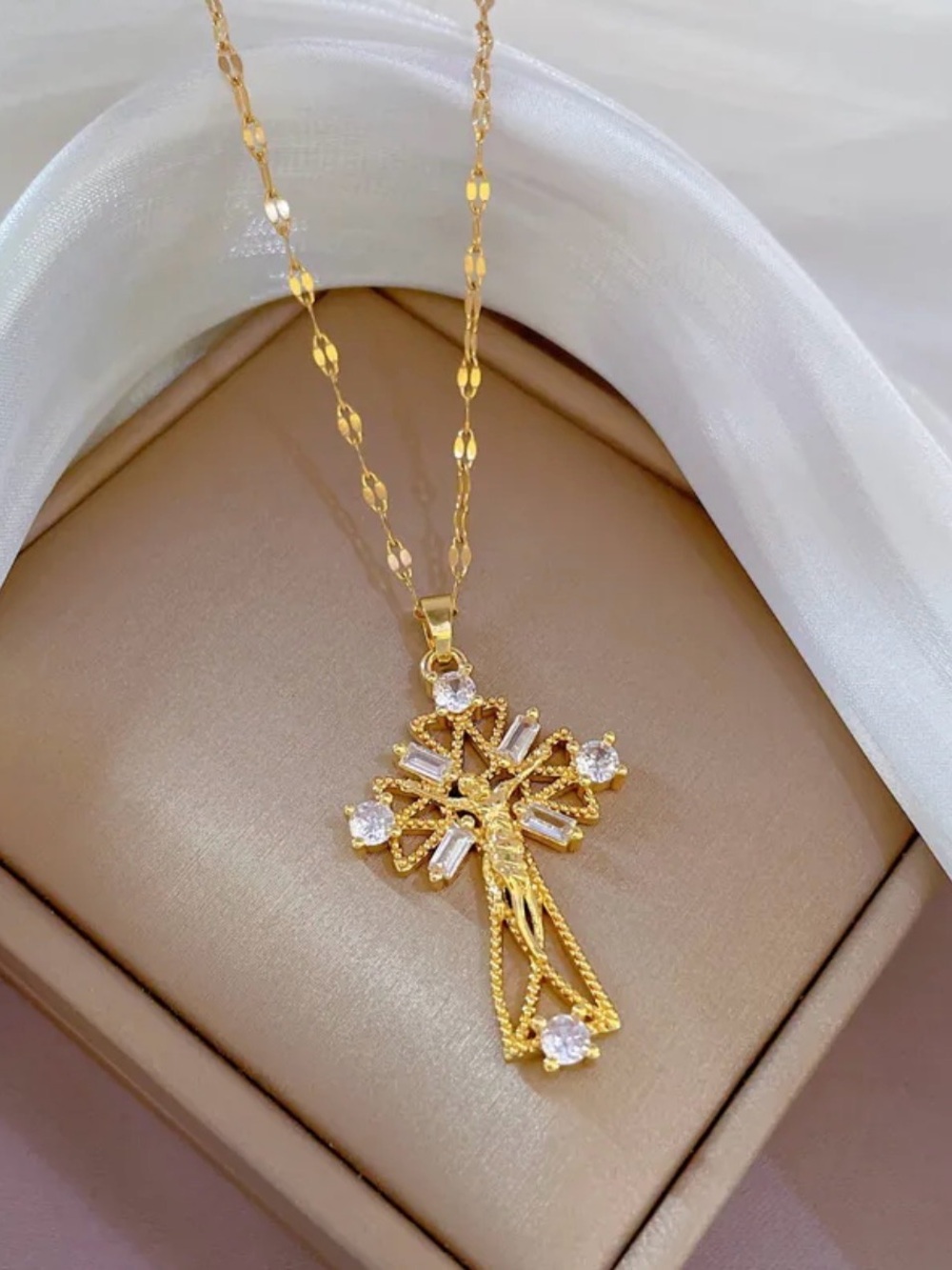 18k Gold plated crystal cross necklace for women